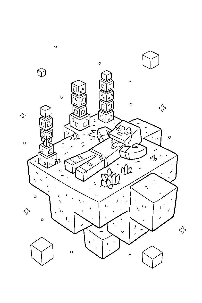 minecraft alex resting calmly on an end island line art