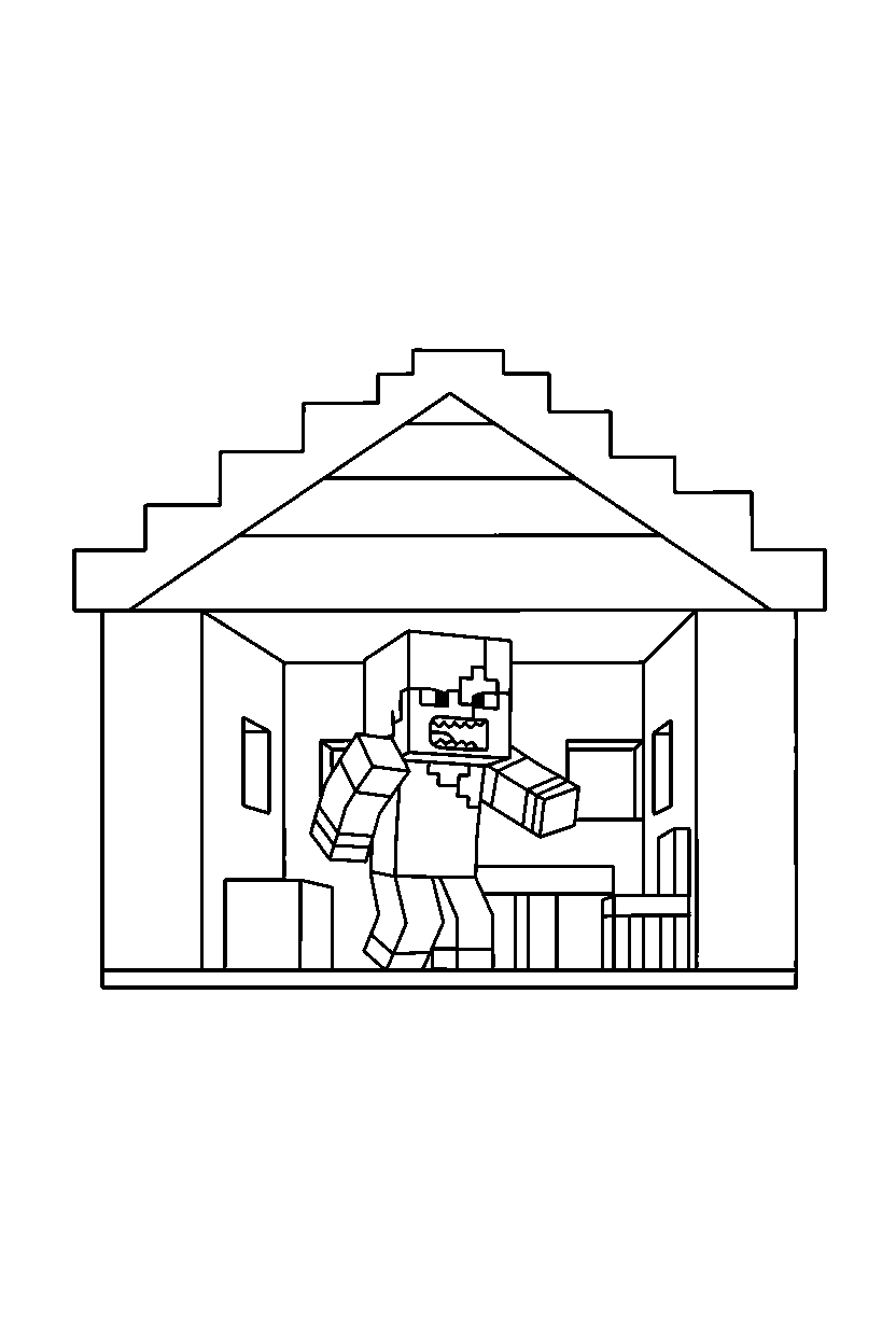minecraft alex roaring playfully inside a house line art