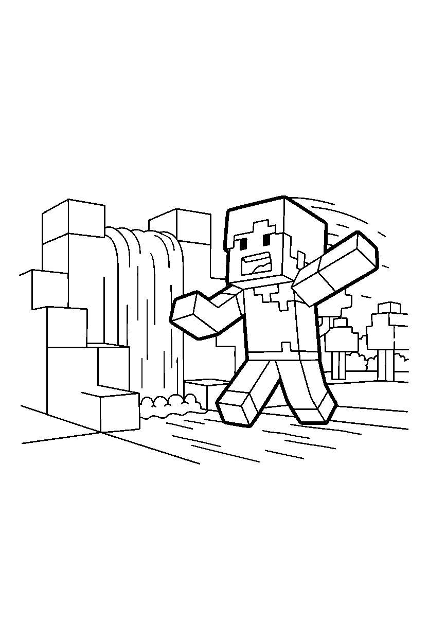 minecraft alex roaring playfully near a waterfall line art