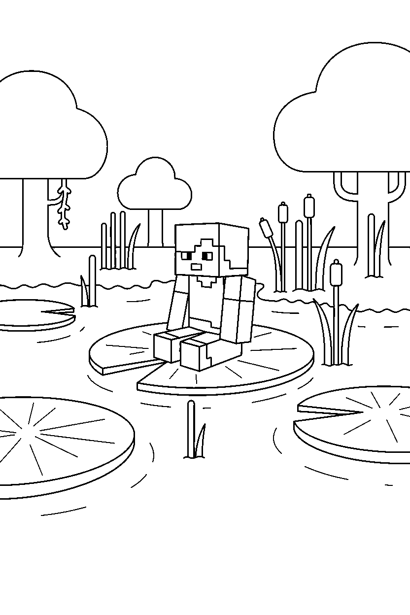 minecraft alex sitting calmly in a swamp line art