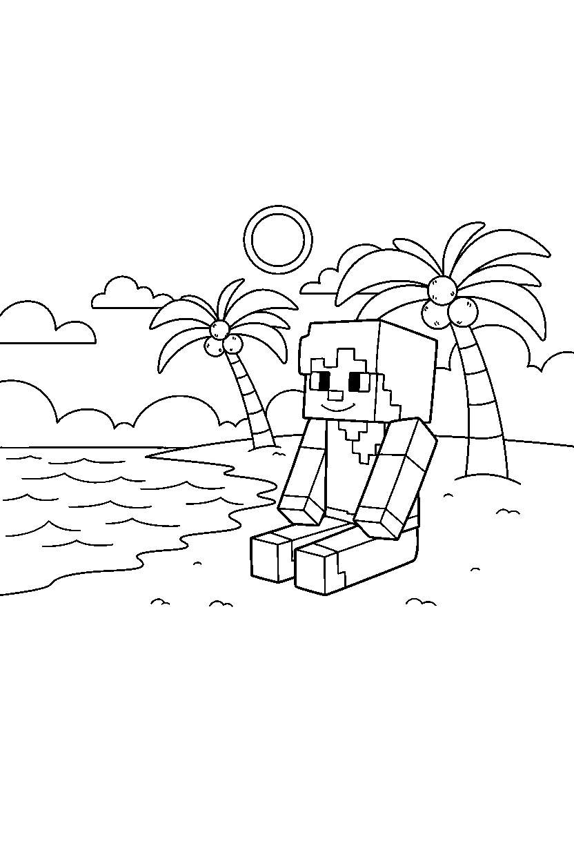 minecraft alex sitting calmly on a beach line art