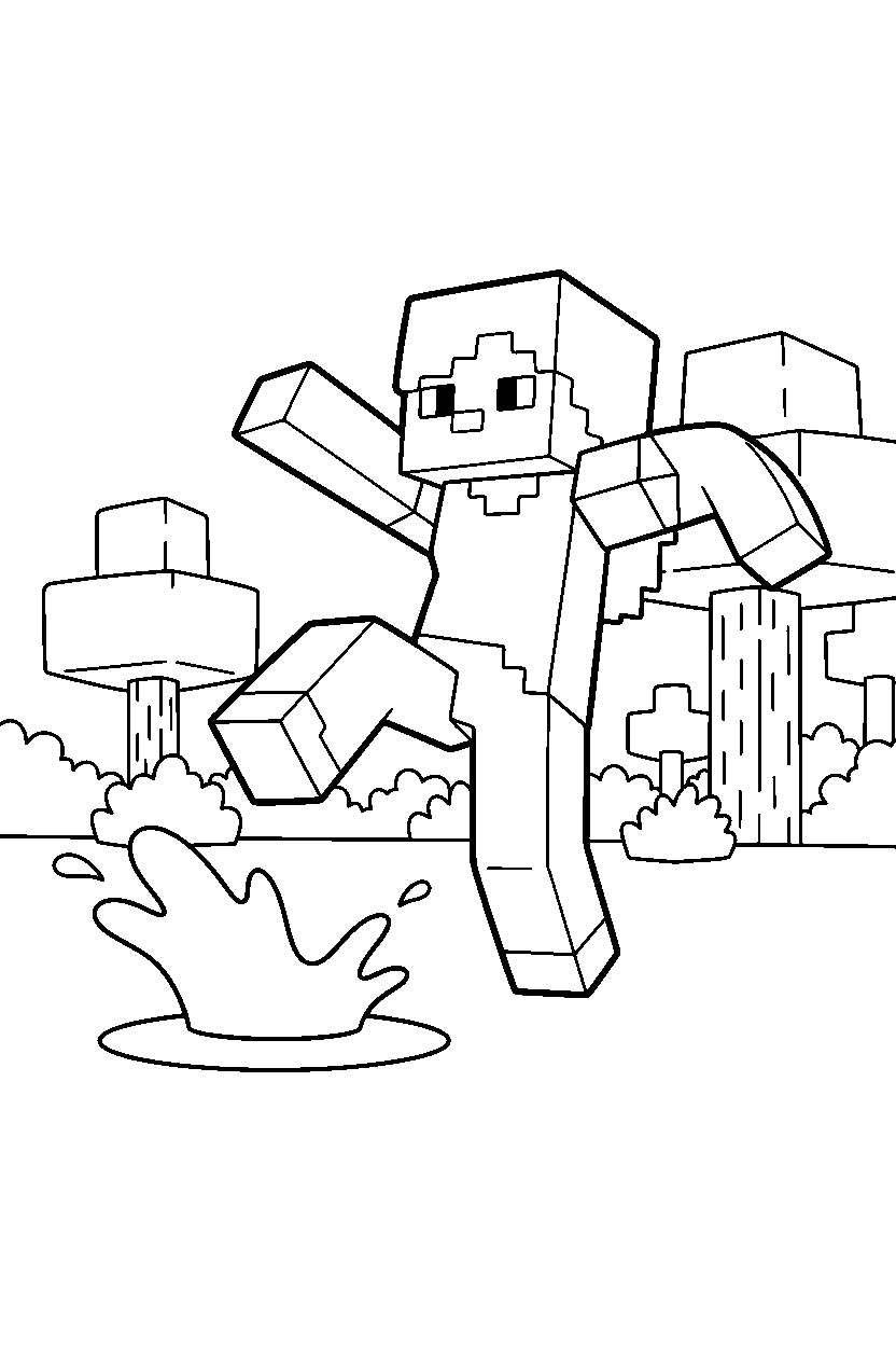 minecraft alex stomping playfully in a forest line art