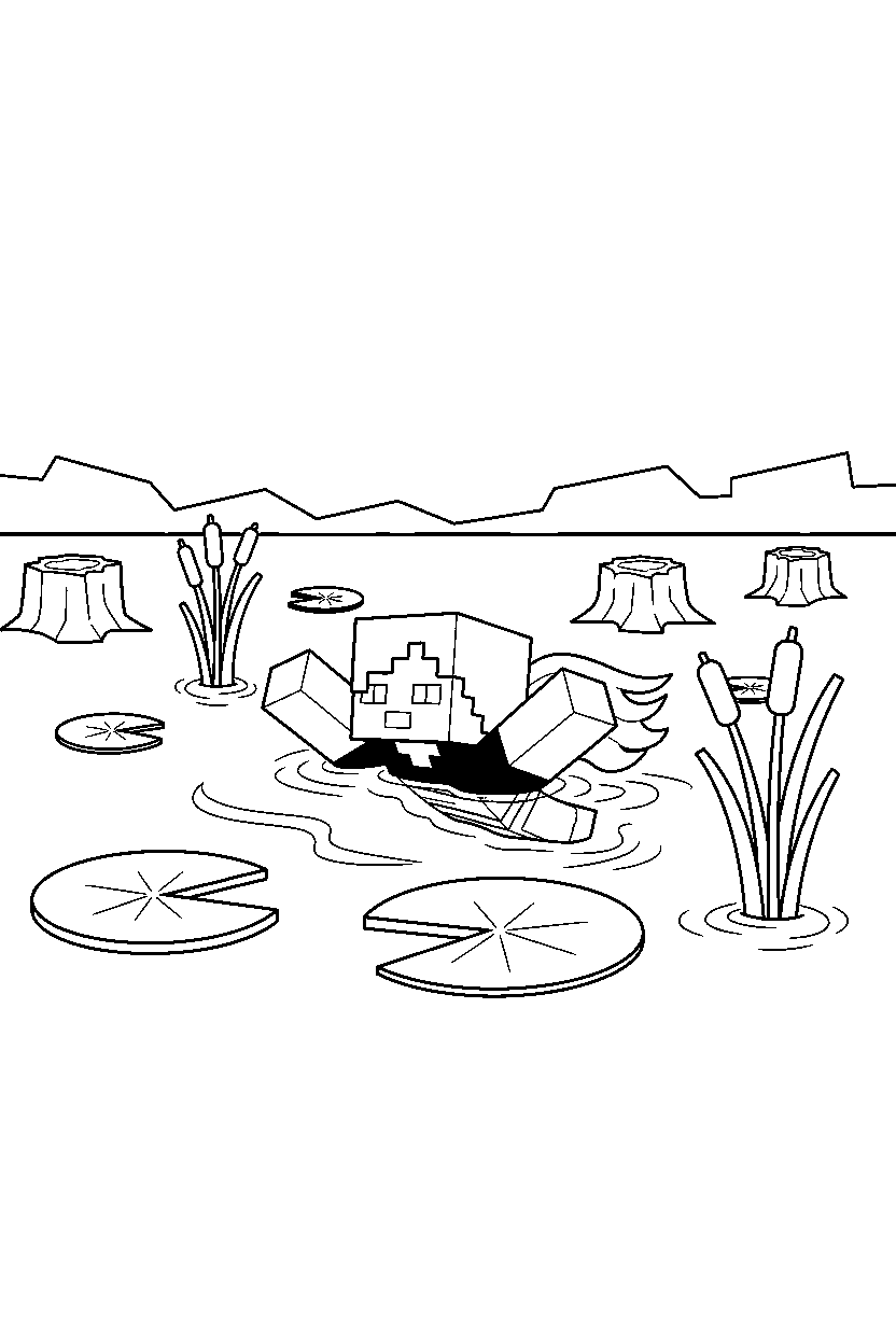 minecraft alex swimming calmly in a swamp line art