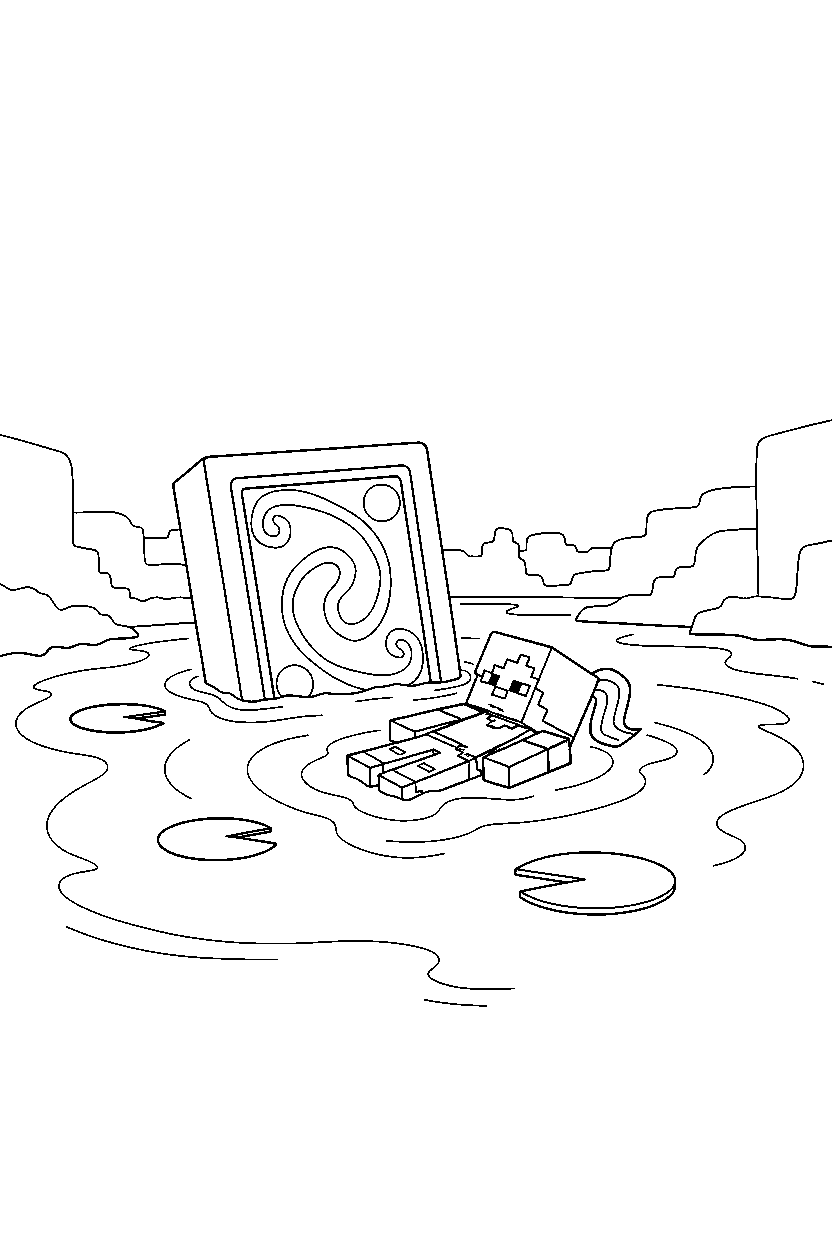minecraft alex swimming calmly near a nether portal line art