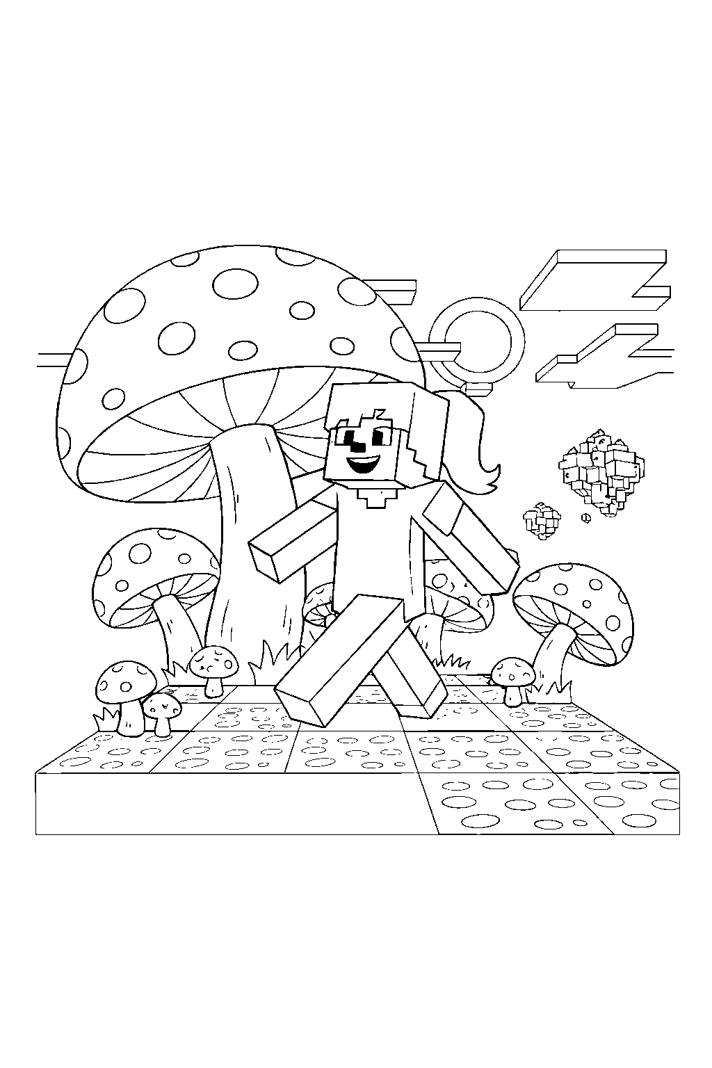 minecraft alex walking happily on a mushroom island line art