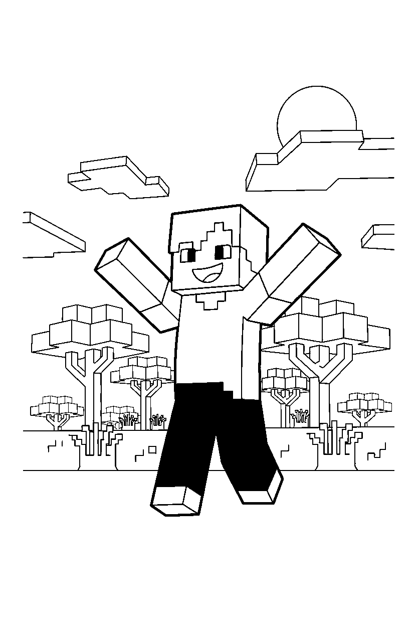 minecraft alex waving happily in a savanna line art