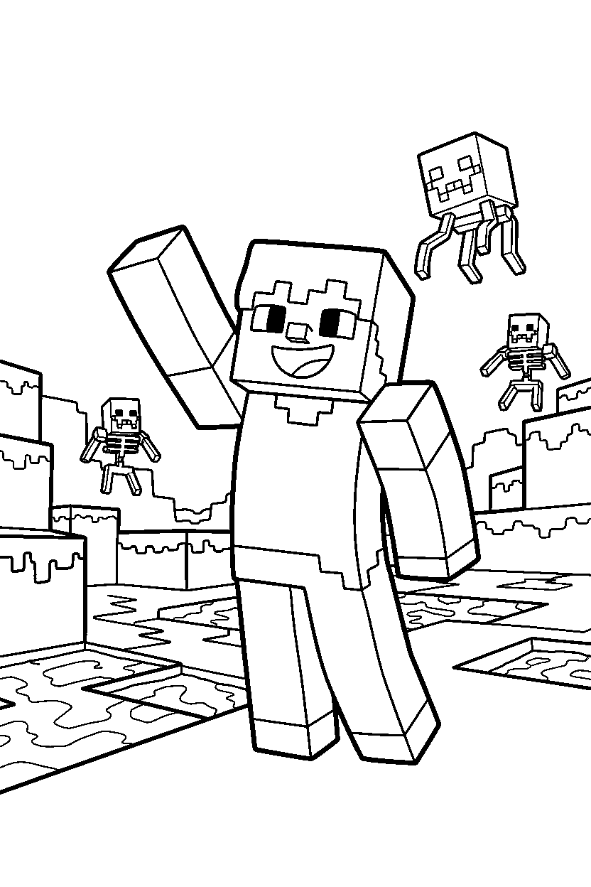 minecraft alex waving happily in the nether line art