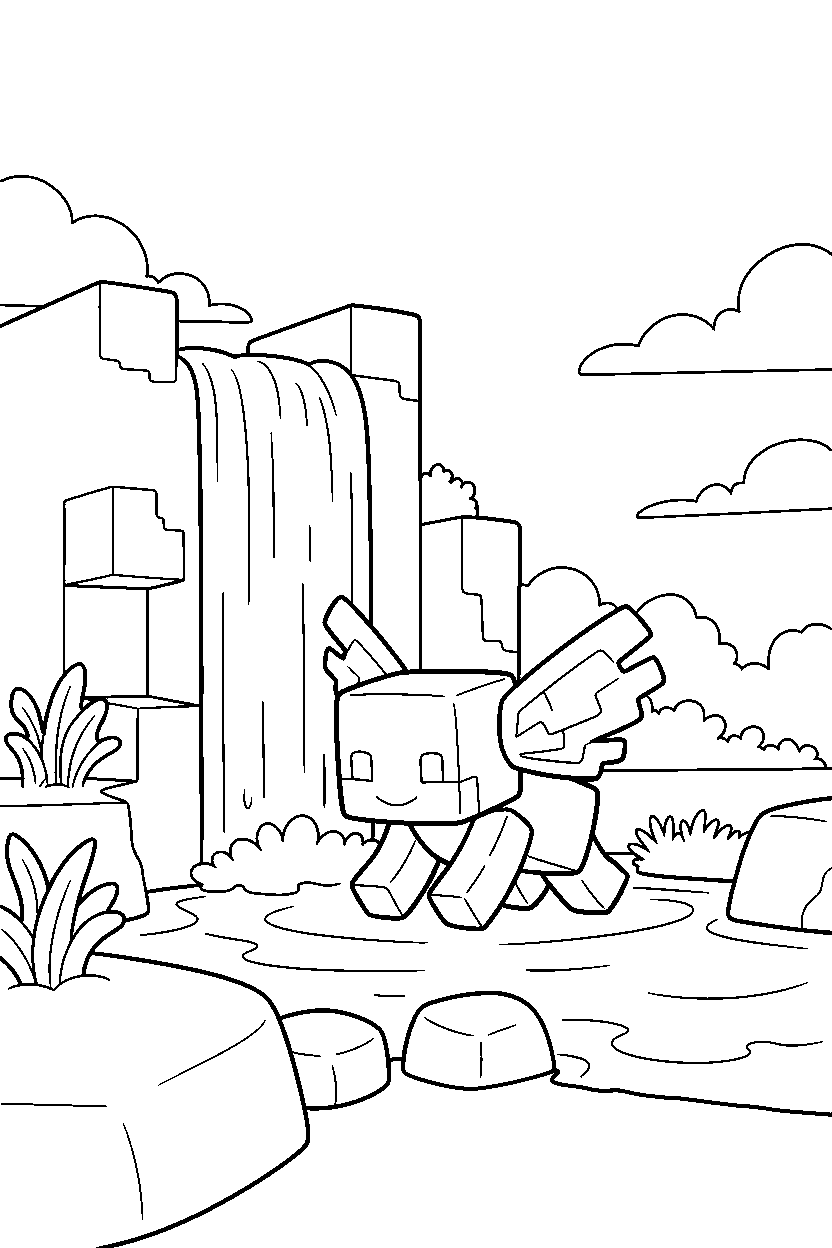 minecraft allay crawling calmly near a waterfall line art