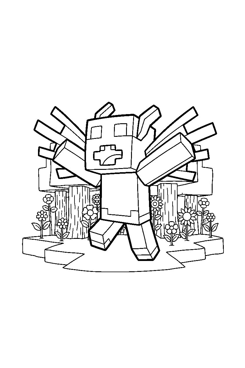 minecraft allay roaring playfully in a flower forest line art