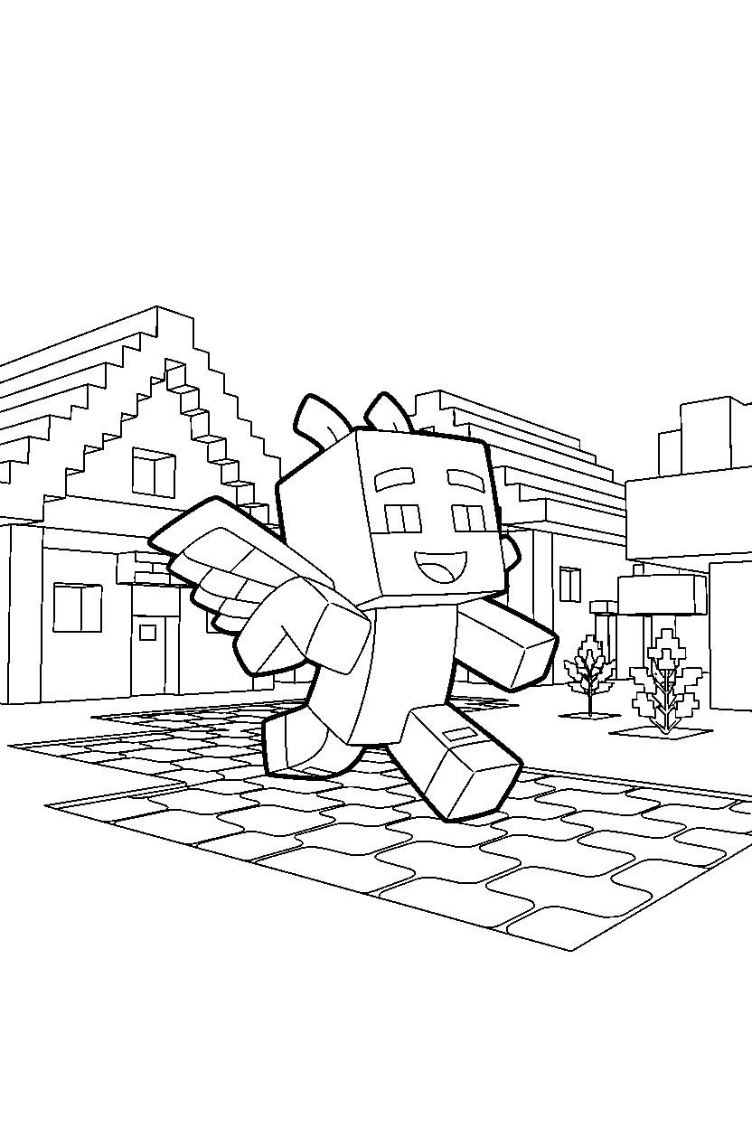 minecraft allay running happily in a village line art