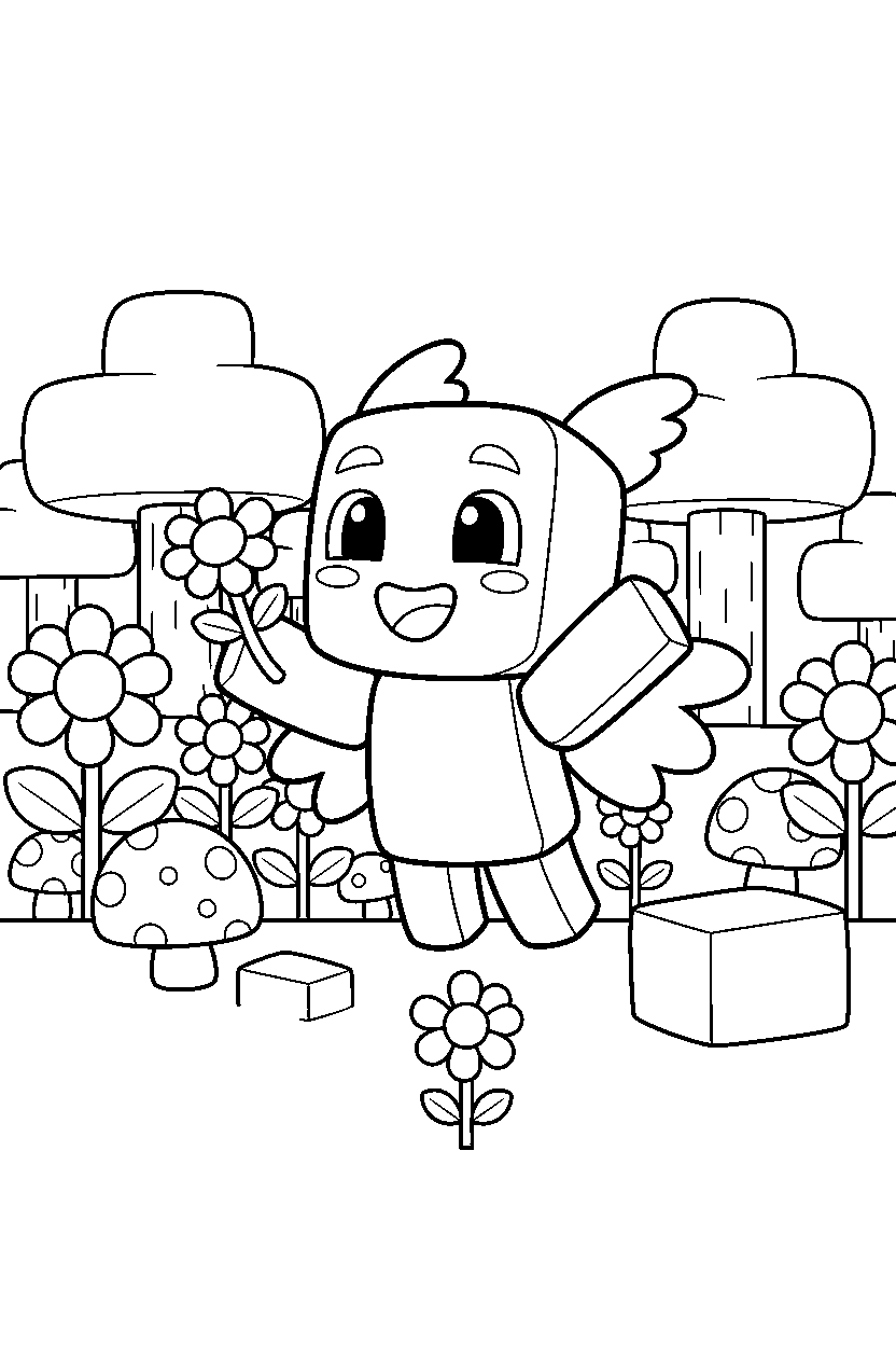 minecraft allay smiling happily in a flower forest line art