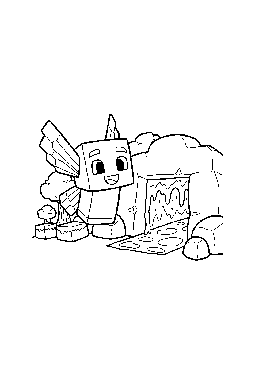 minecraft allay smiling happily near a lava cave line art
