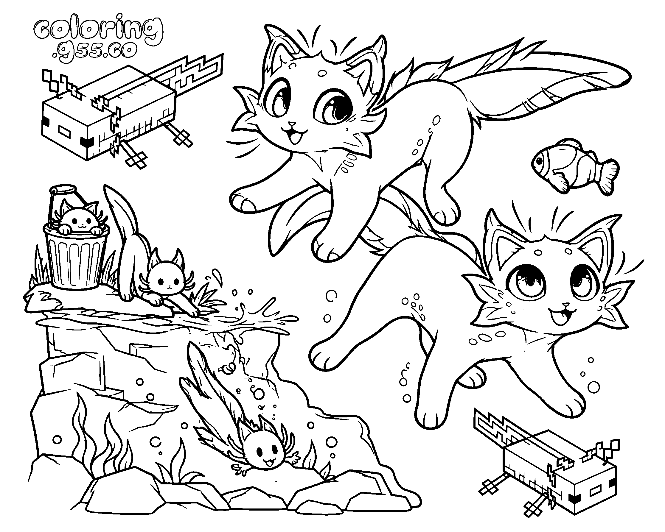 minecraft axolotl cats swimming underwater line art