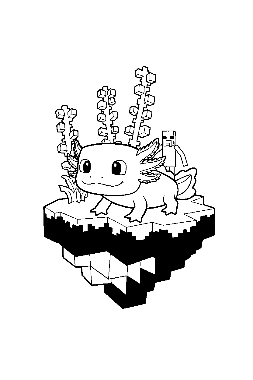minecraft axolotl exploring curiously on an end island line art