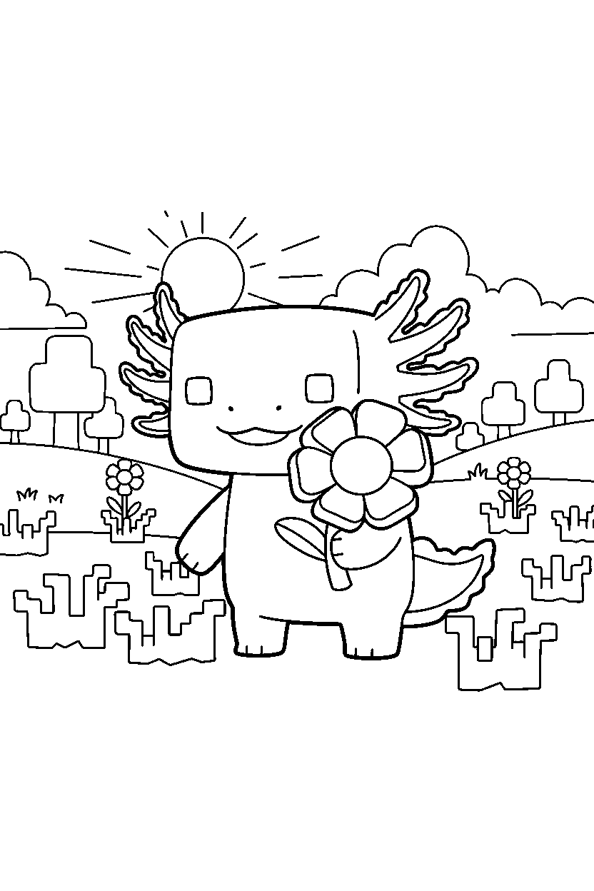 minecraft axolotl holding a flower in a meadow line art