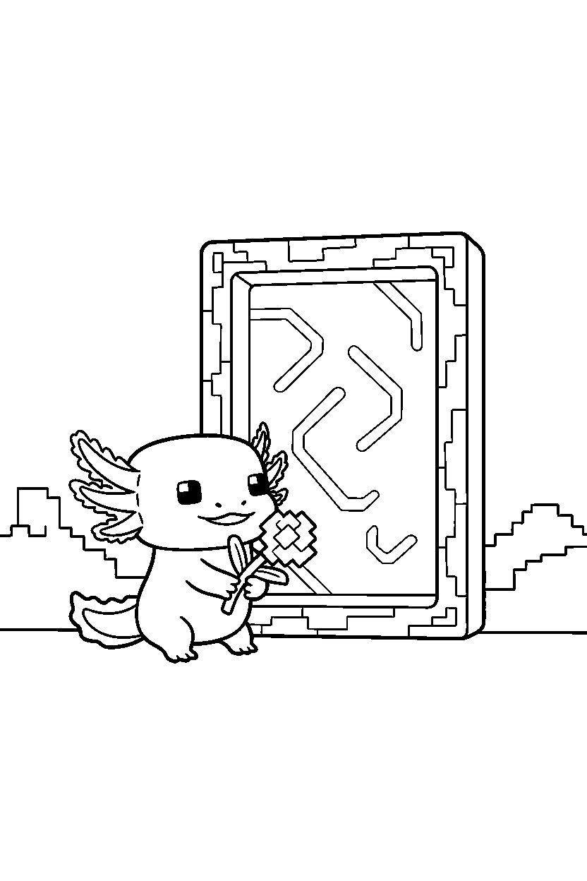 minecraft axolotl holding a flower near a portal line art