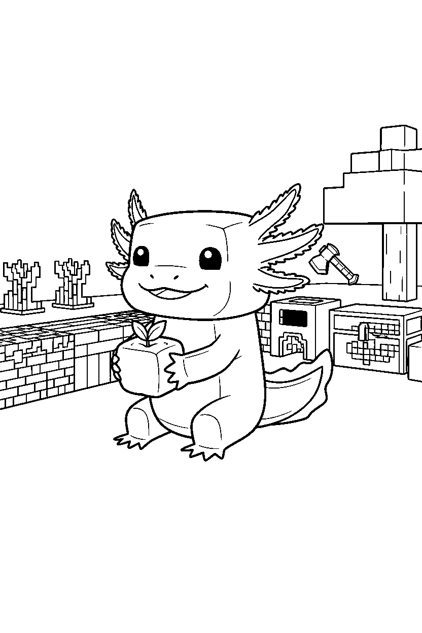 minecraft axolotl holding an apple in a survival base line art