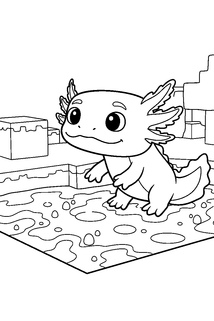 minecraft axolotl looking around curiously near a lava lake line art