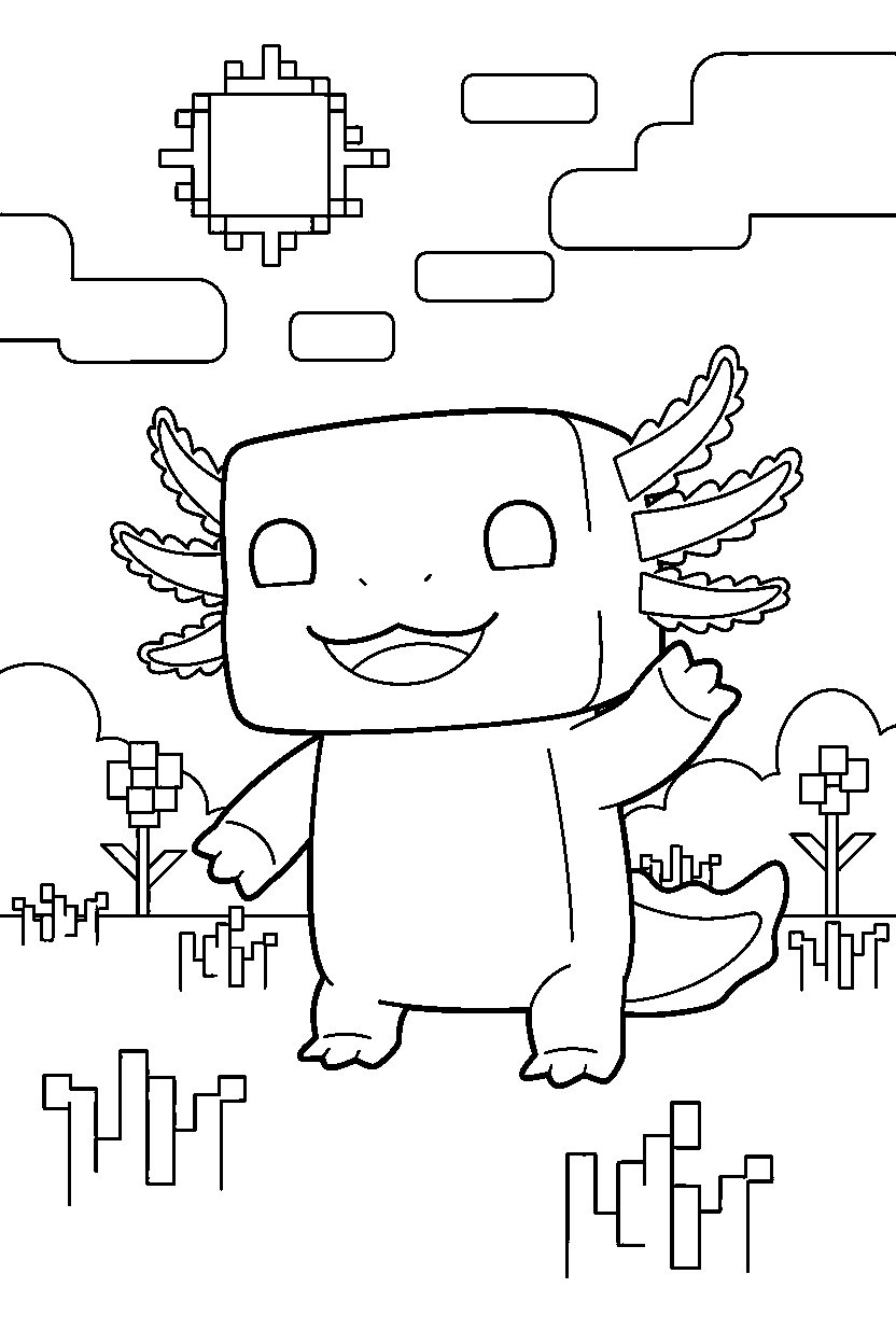 minecraft axolotl posing happily in a meadow line art