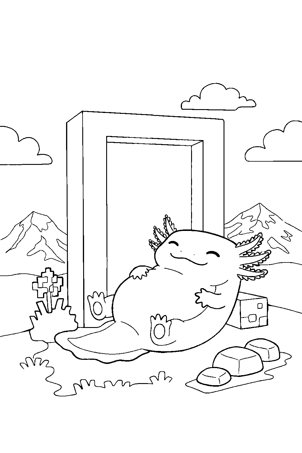 minecraft axolotl relaxing peacefully near a portal line art