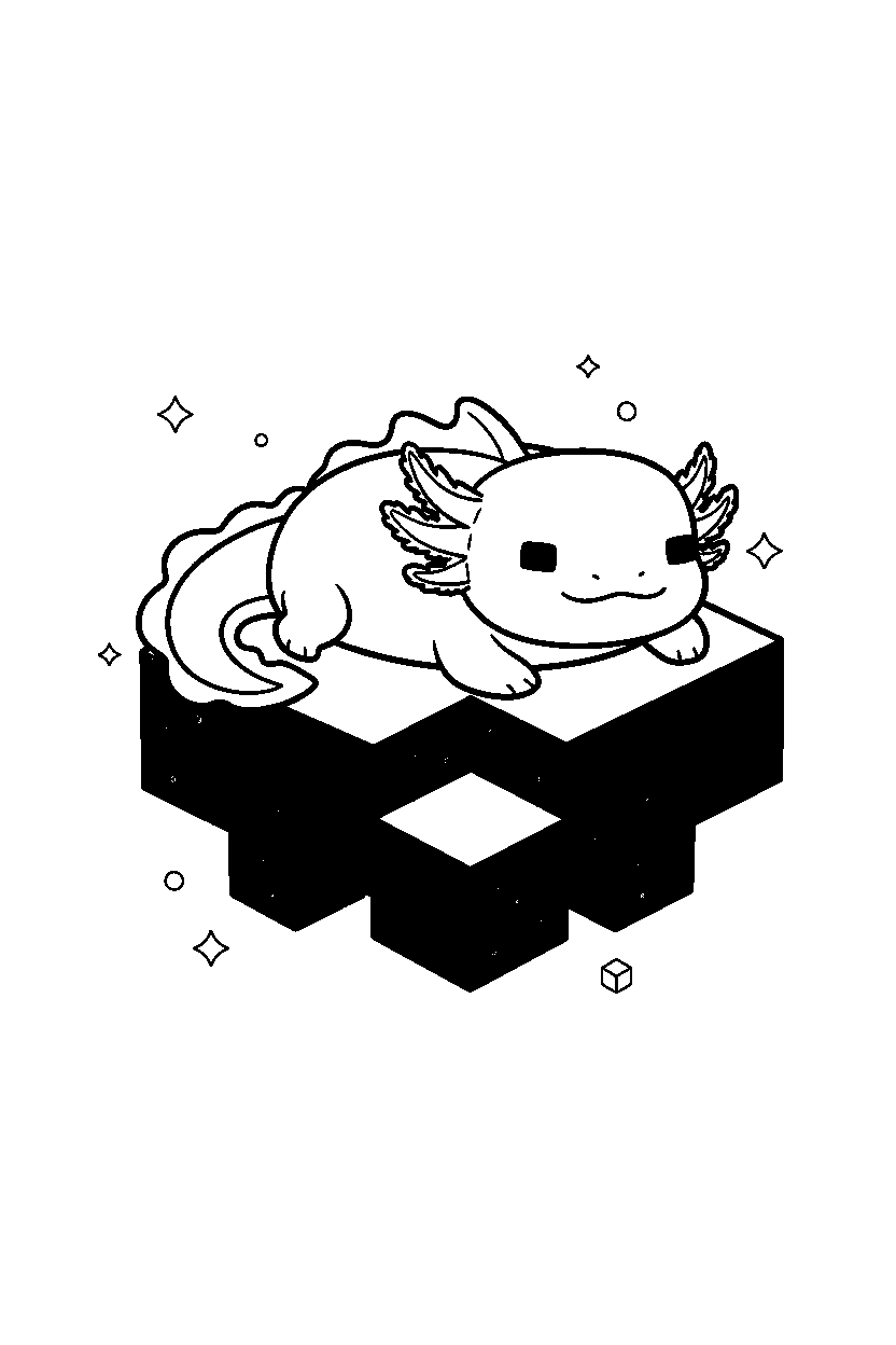minecraft axolotl resting calmly on an end island line art