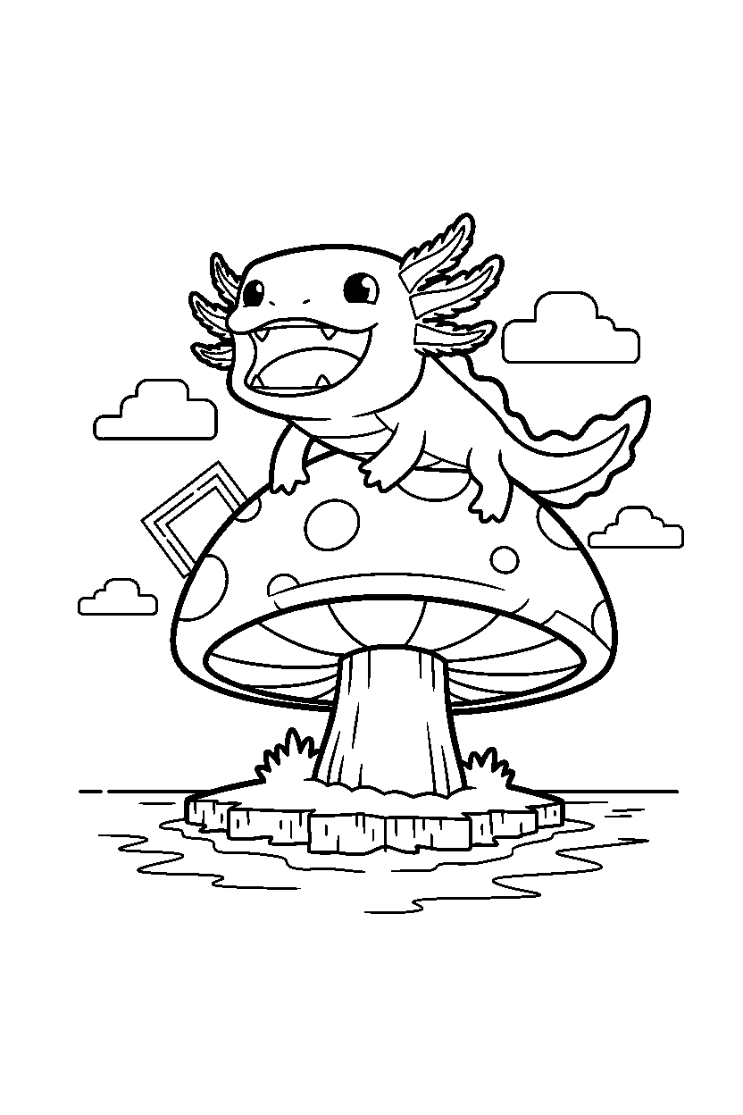 minecraft axolotl roaring playfully on a mushroom island line art