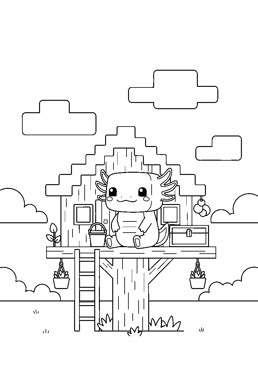 minecraft axolotl sitting calmly in a treehouse base line art