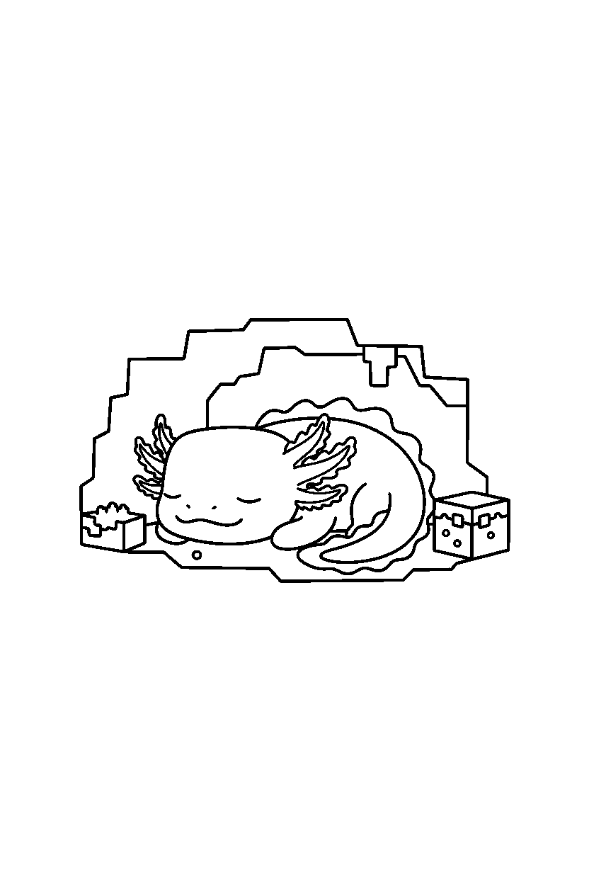 minecraft axolotl sleeping peacefully in a cave line art