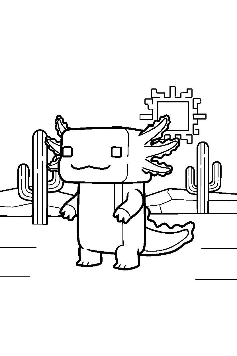 minecraft axolotl standing calmly in a desert line art