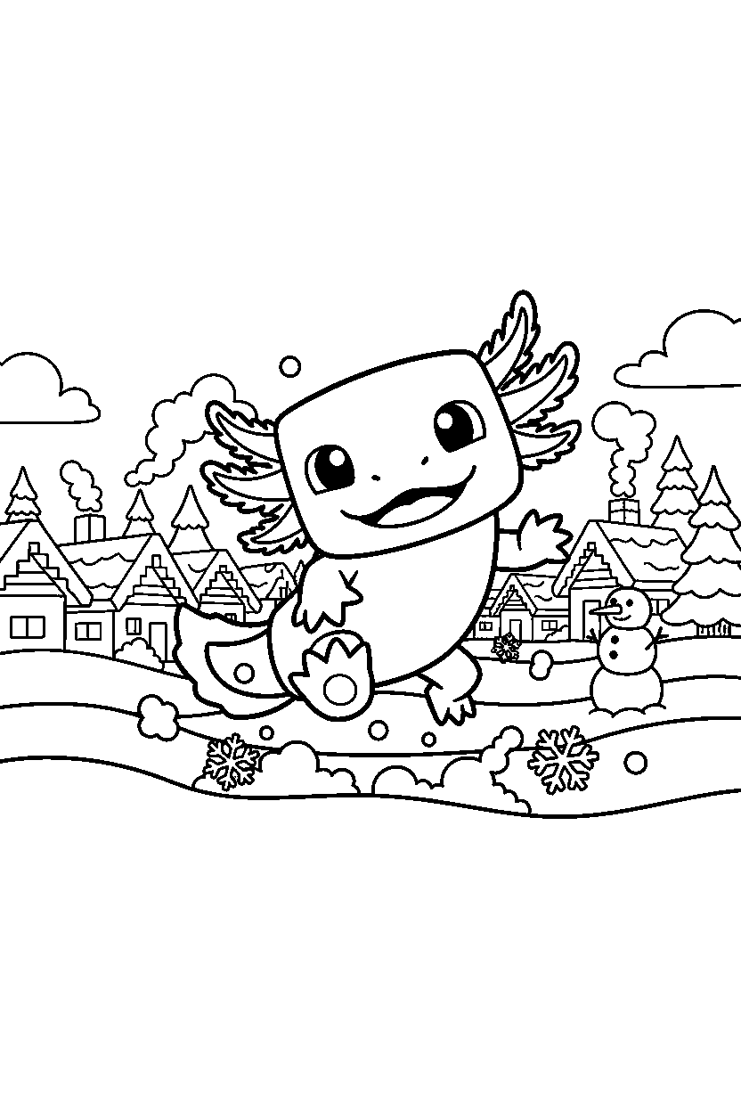 minecraft axolotl stomping playfully in a snowy village line art