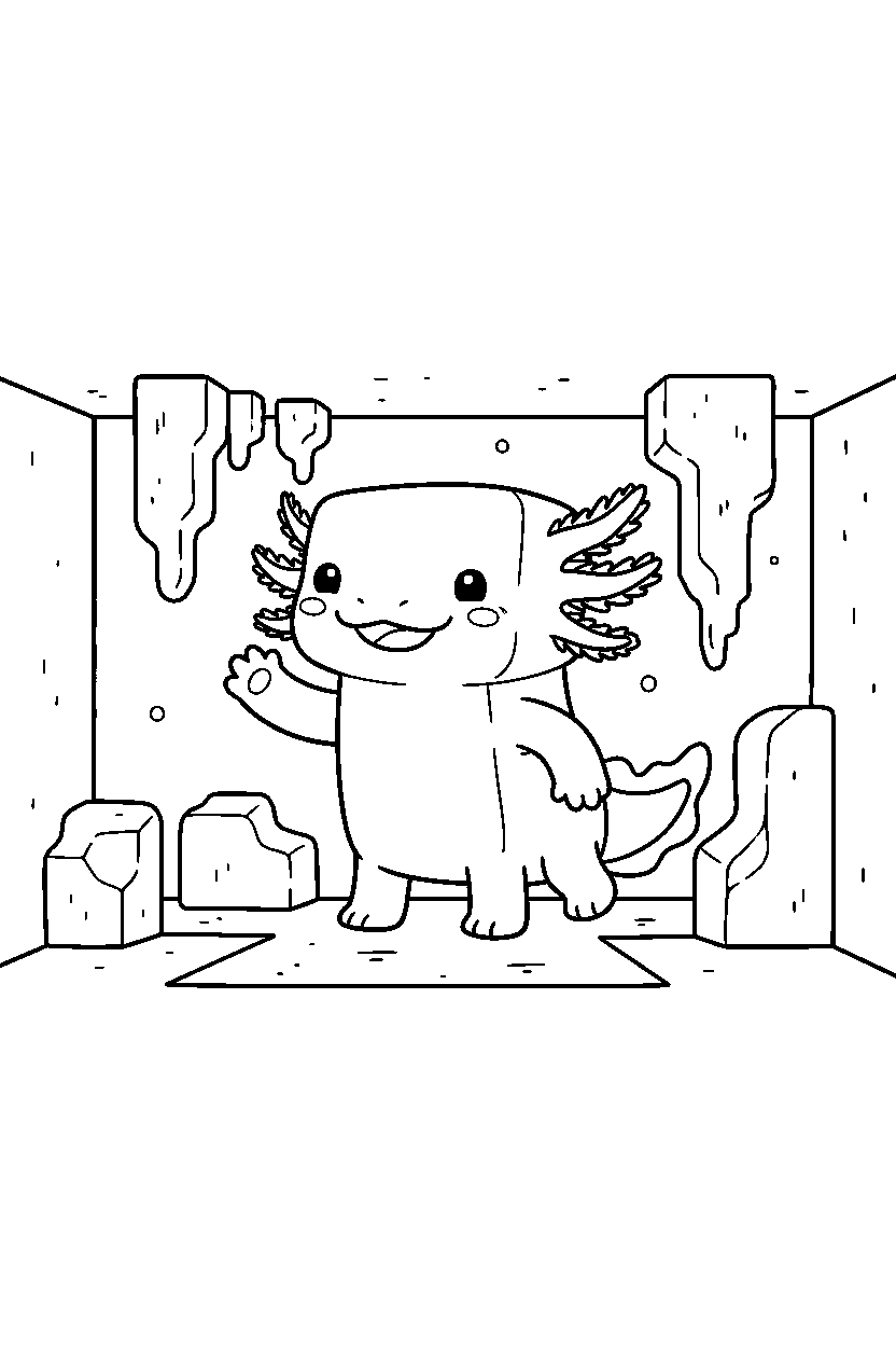 minecraft axolotl waving happily in a dripstone cave line art