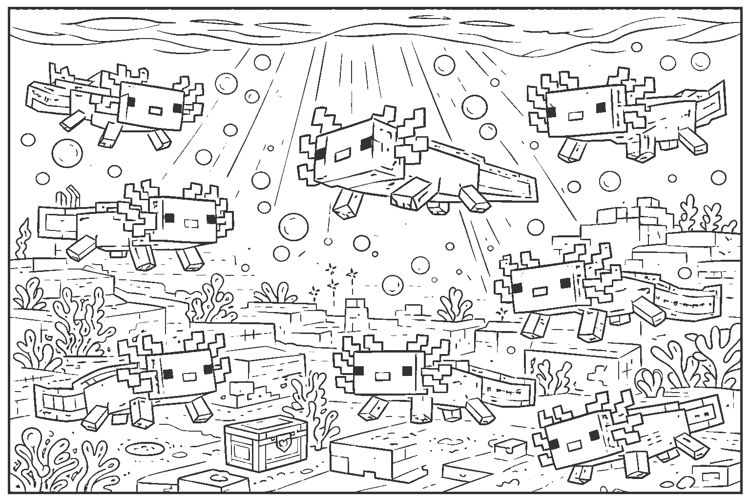 minecraft axolotls underwater coral reef line art