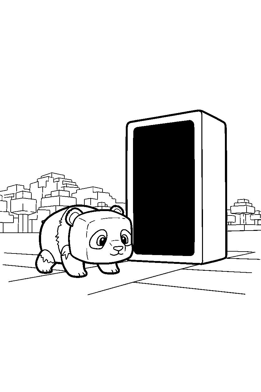 minecraft baby panda crawling calmly near a nether portal line art