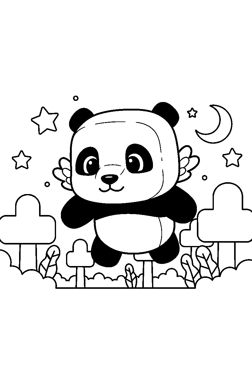 minecraft baby panda flying calmly in a dark forest line art