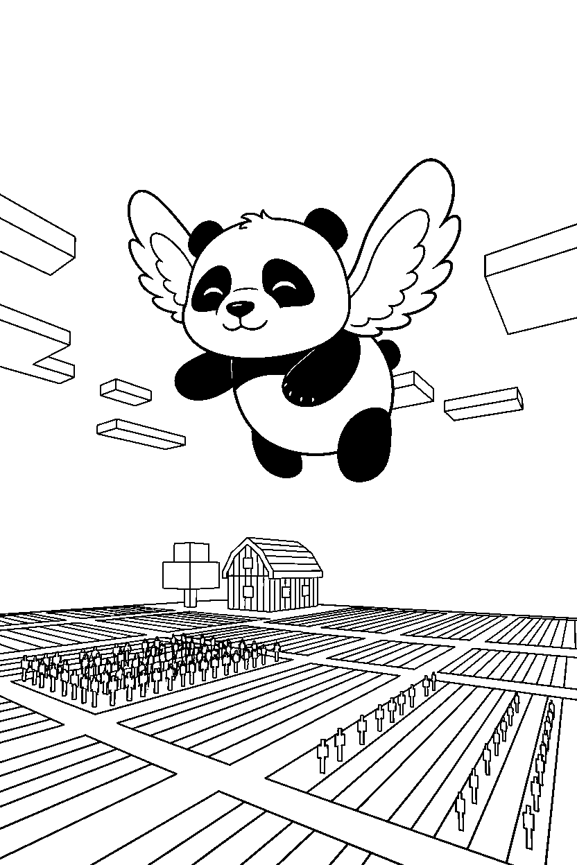 minecraft baby panda flying calmly near a farm field line art