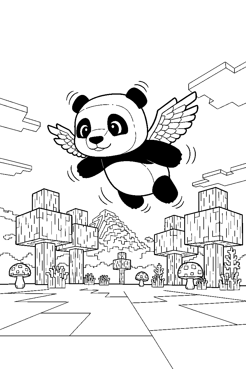 minecraft baby panda flying in a forest line art