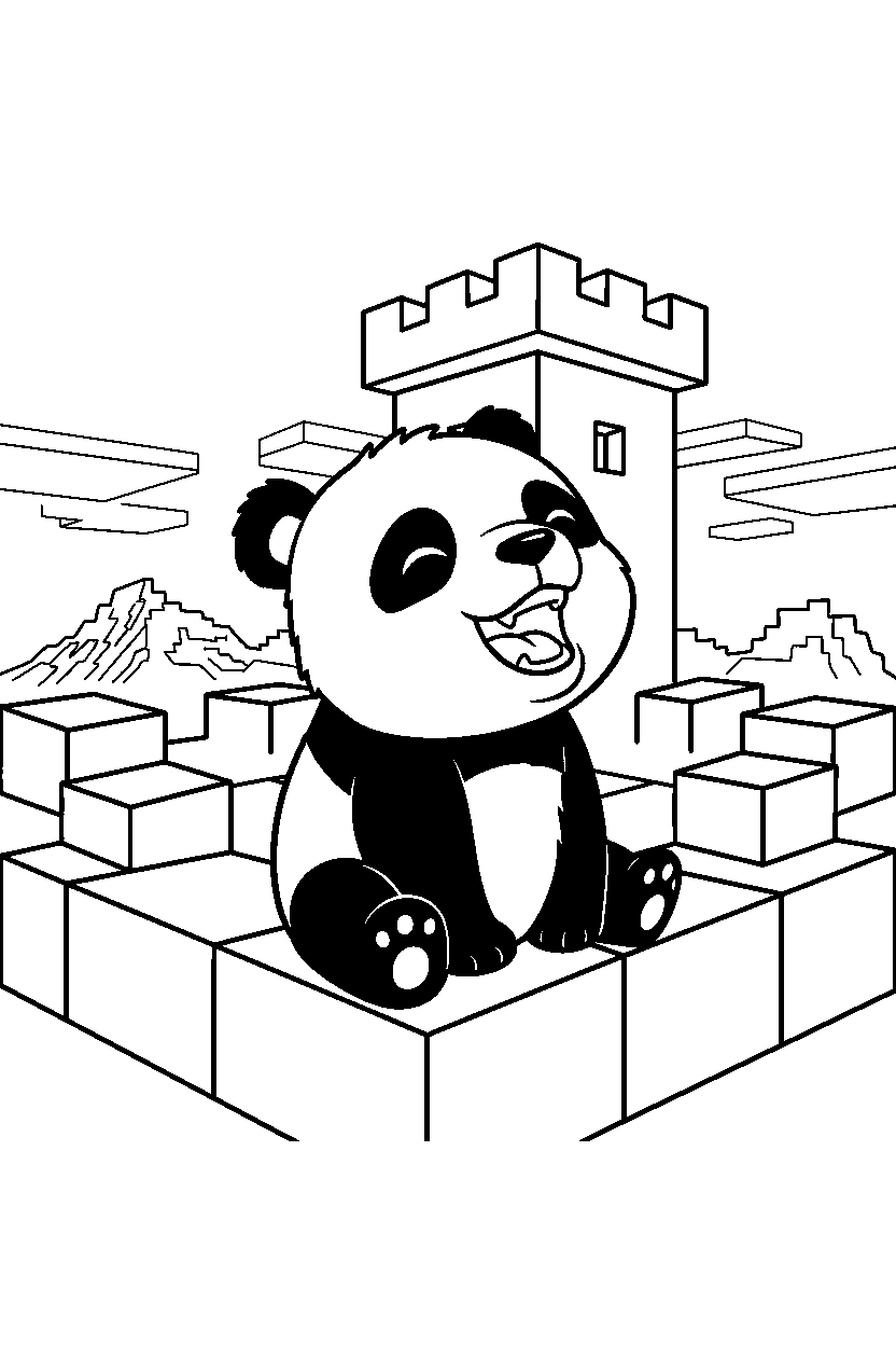 minecraft baby panda howling playfully in a castle base line art