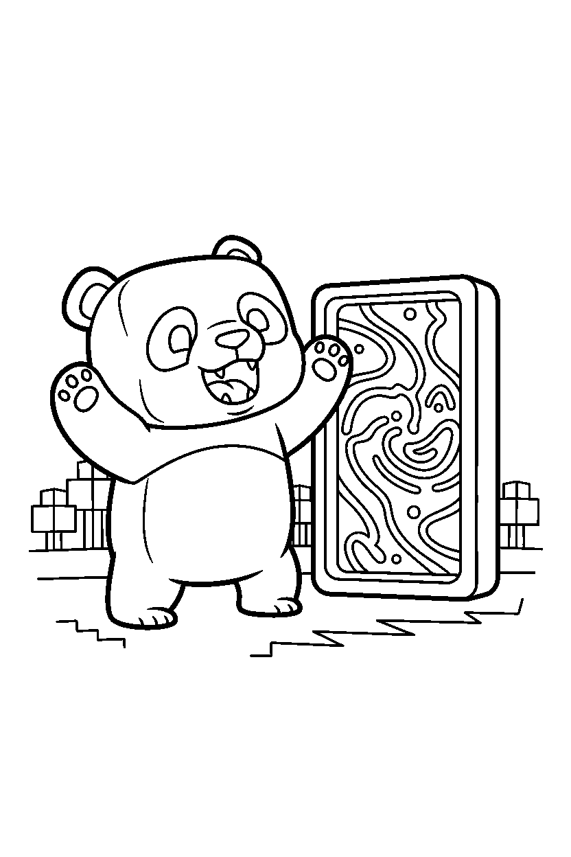 minecraft baby panda roaring playfully near a portal line art