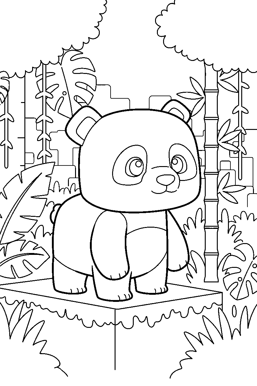minecraft baby panda standing calmly in a jungle line art
