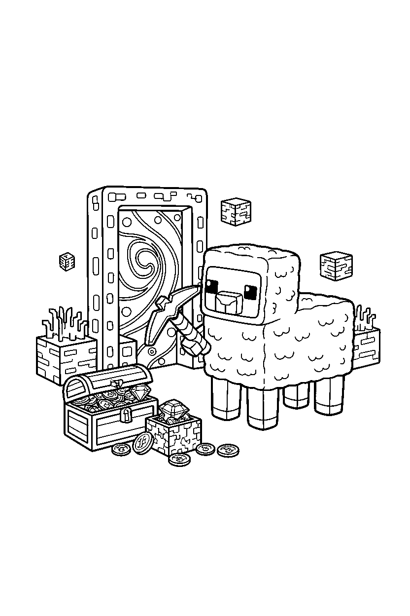 minecraft baby sheep collecting treasure near a nether portal line art