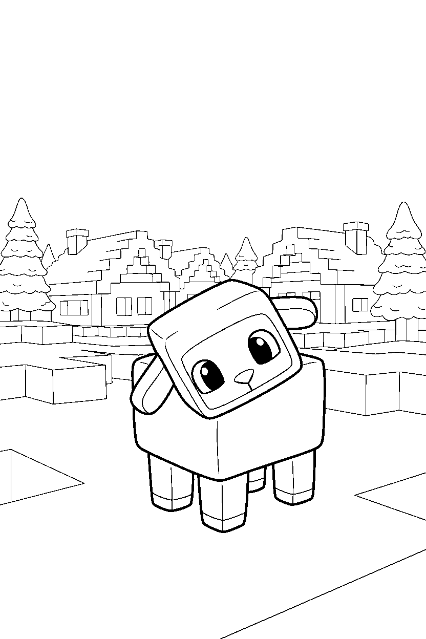 minecraft baby sheep listening carefully in a snowy village line art
