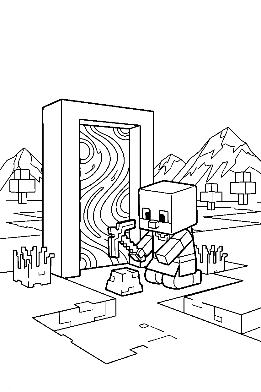 minecraft baby villager digging carefully near a portal line art