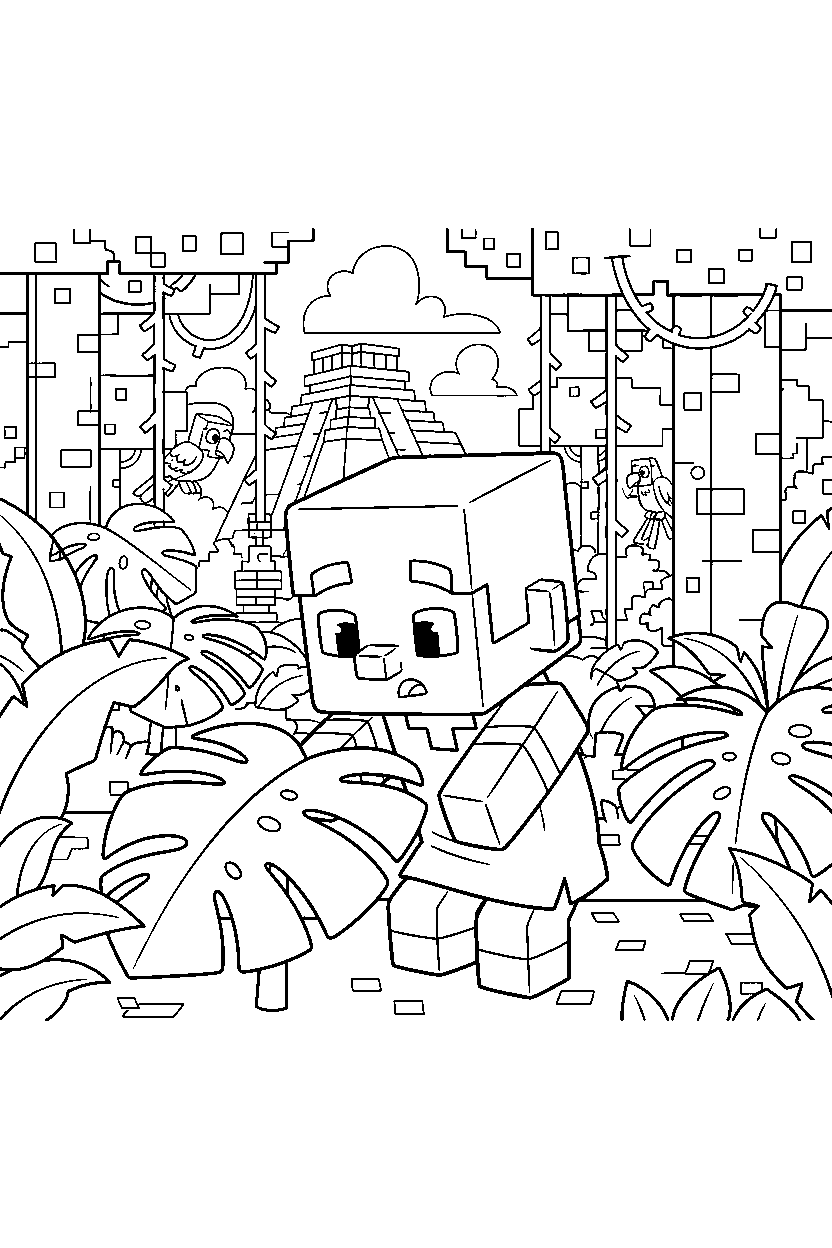 minecraft baby villager exploring curiously in a jungle line art