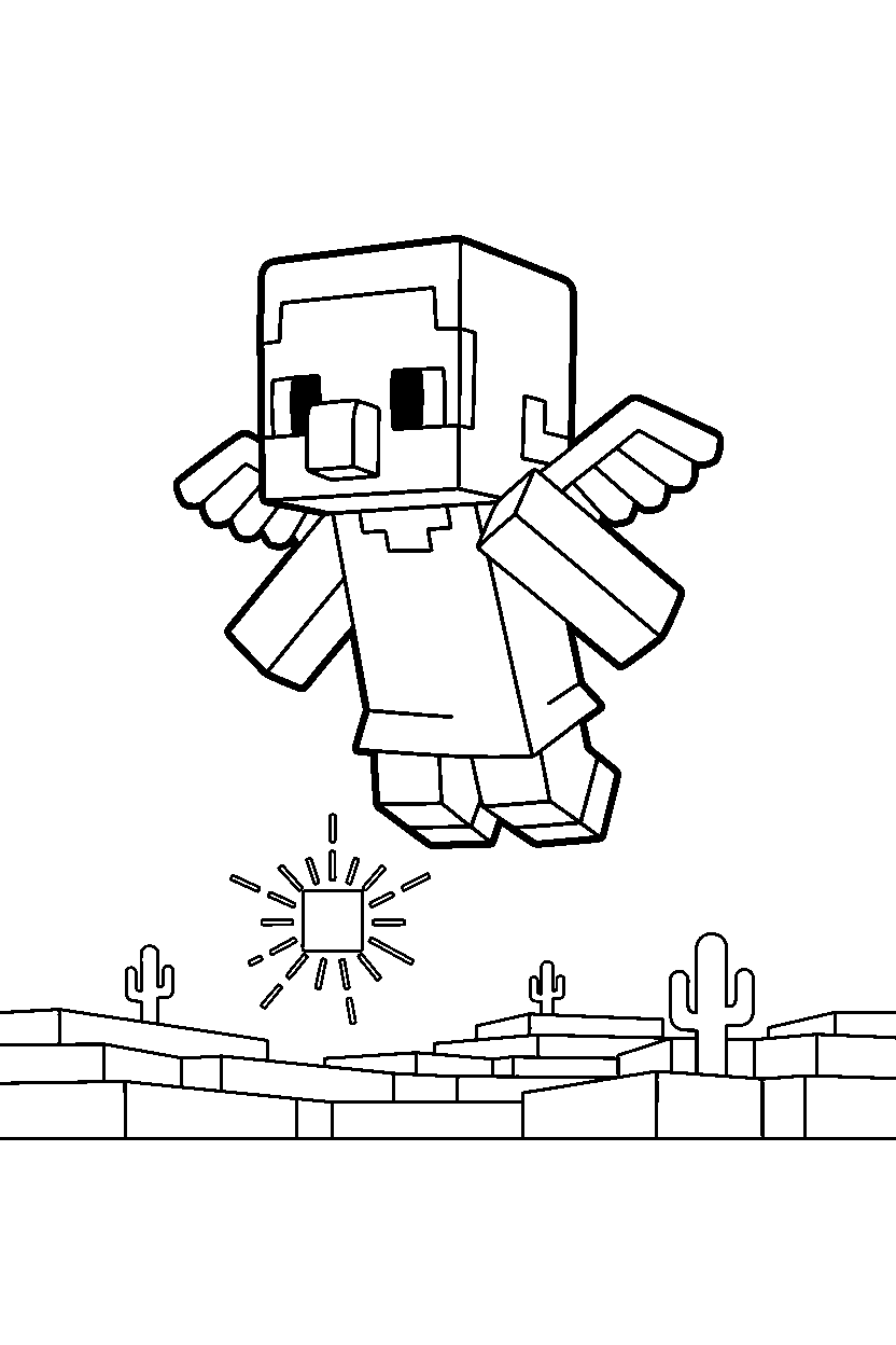 minecraft baby villager flying calmly in a desert line art