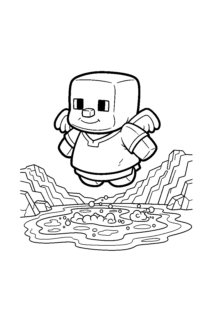 minecraft baby villager flying calmly near a lava lake line art