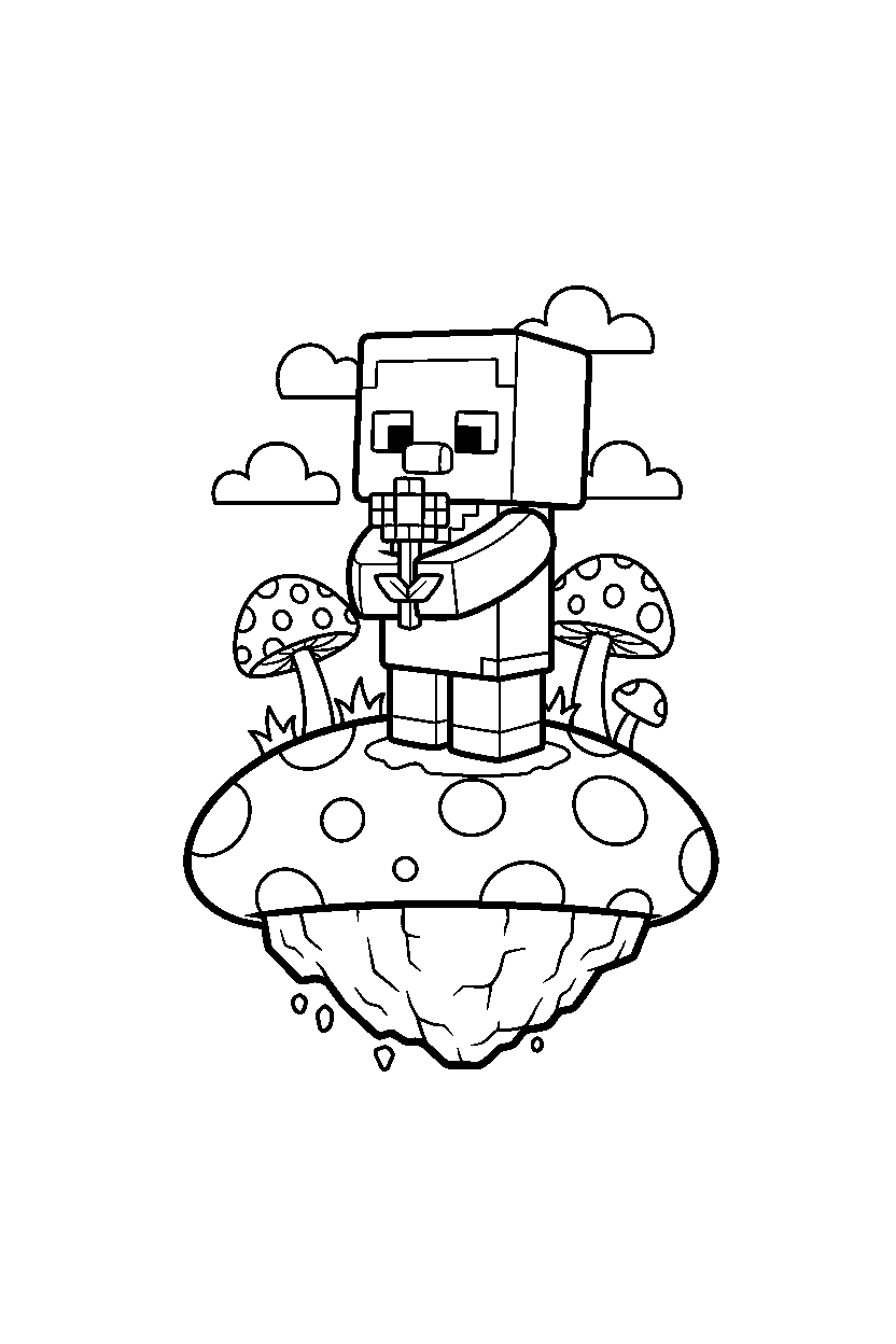 minecraft baby villager holding a flower on a mushroom island line art