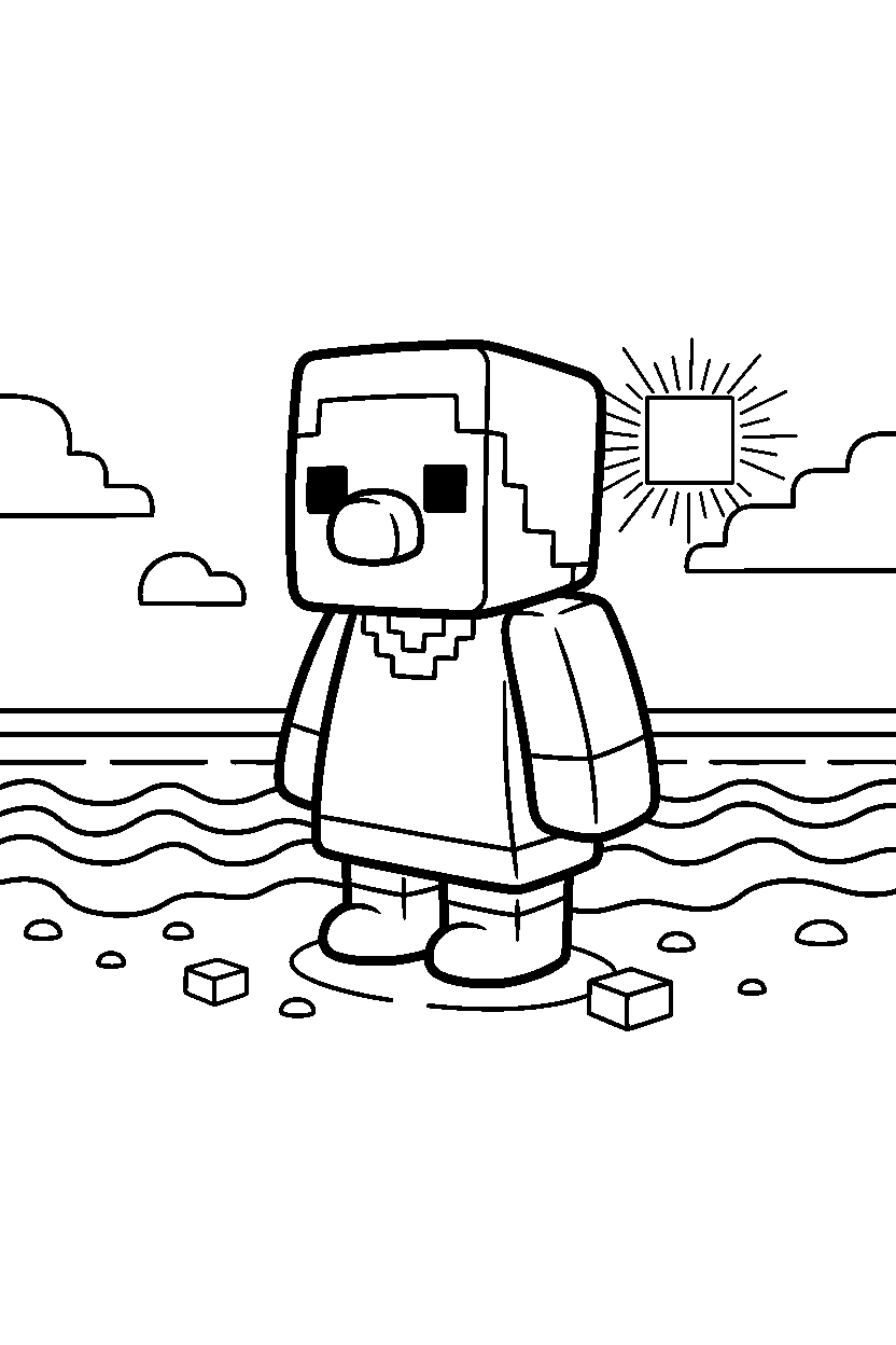 minecraft baby villager standing calmly on an ocean shore line art