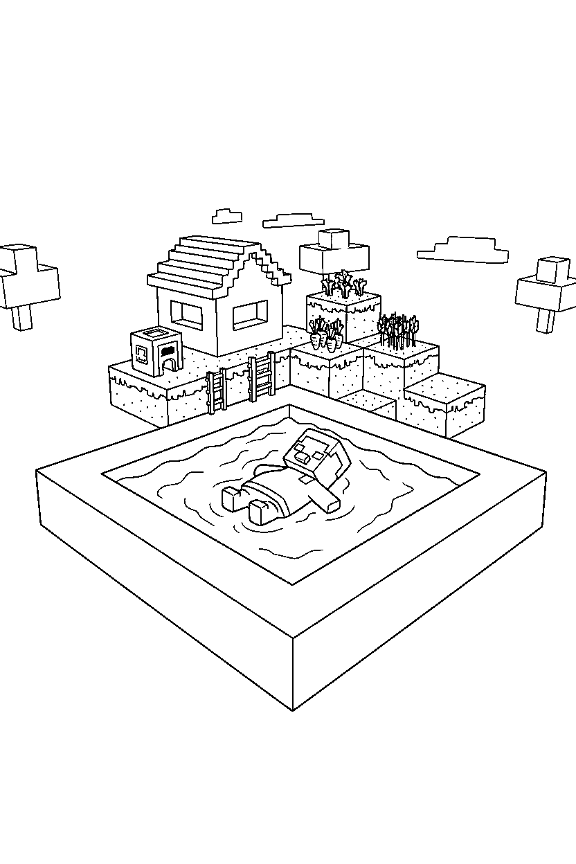 minecraft baby villager swimming calmly in a survival base line art