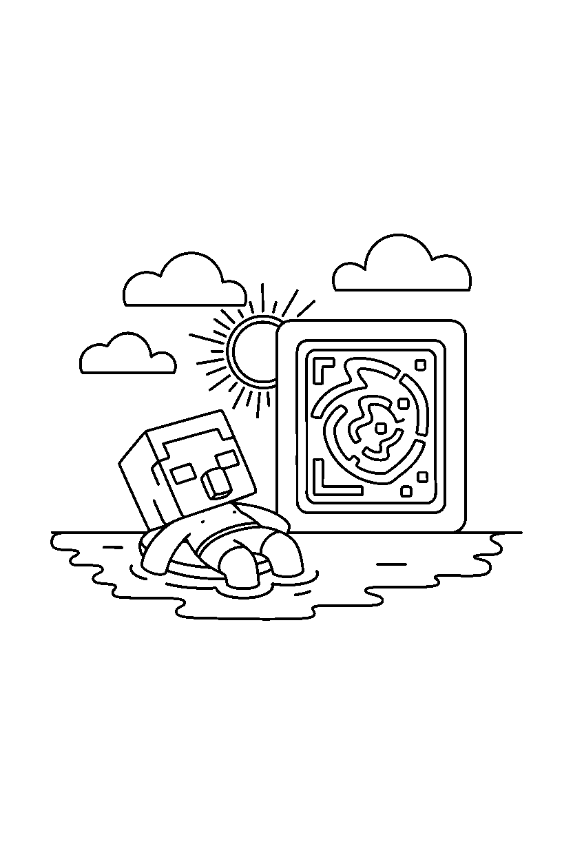 minecraft baby villager swimming calmly near a portal line art