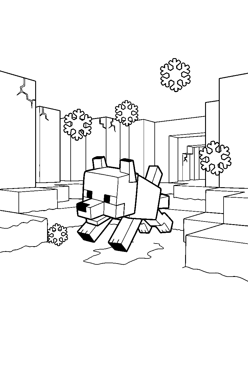 minecraft baby wolf playing in snow in an underground dungeon line art